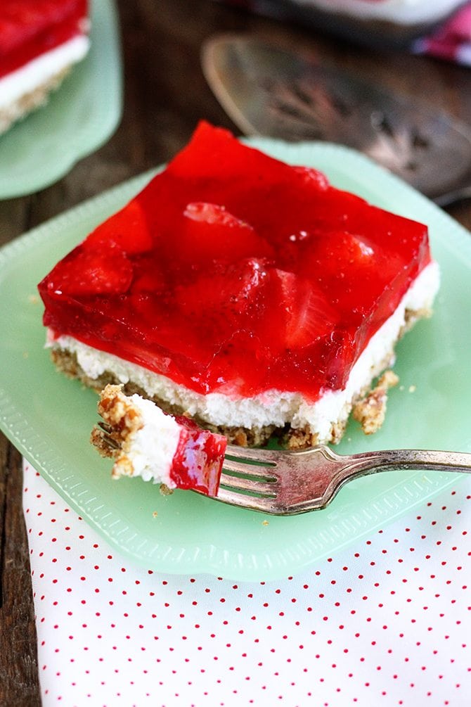 Slice of Strawberry Pretzel Salad serving on fork