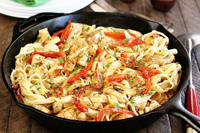 Cajun Chicken Pasta in cast iron skillet