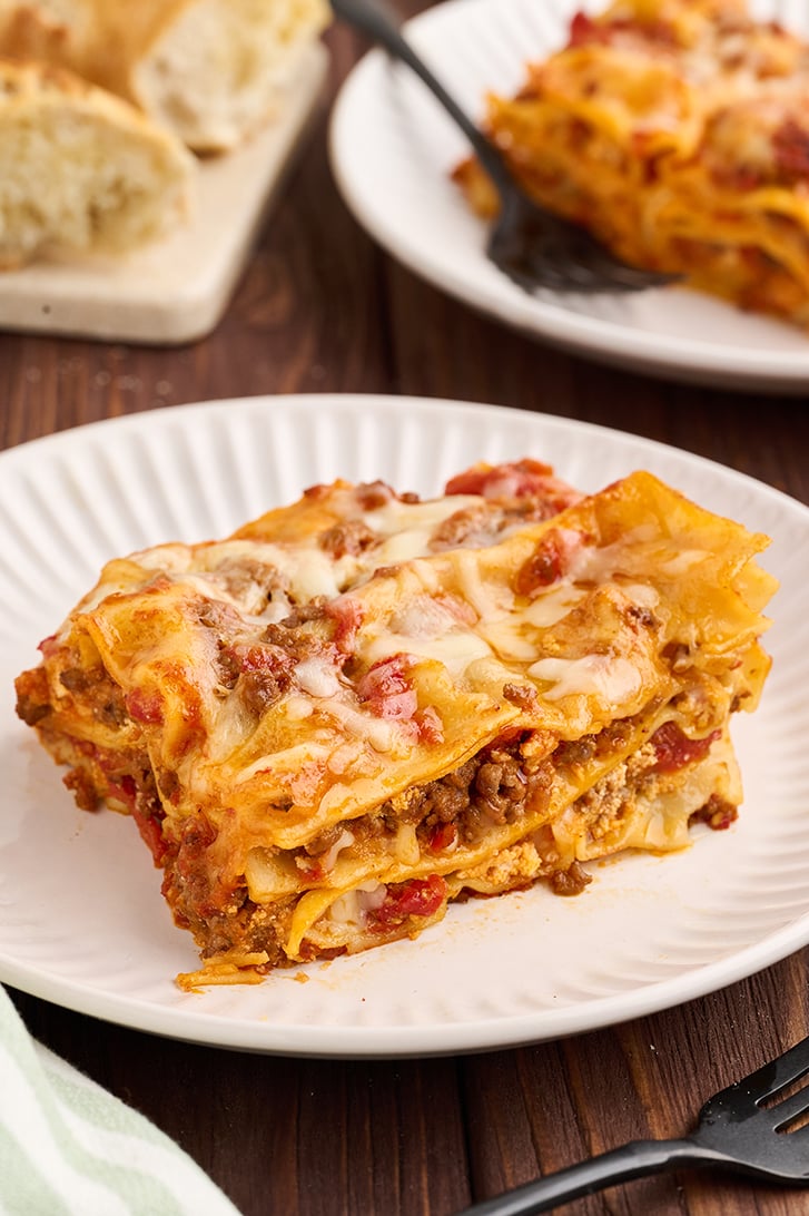Single serving of lasagna on a plate.