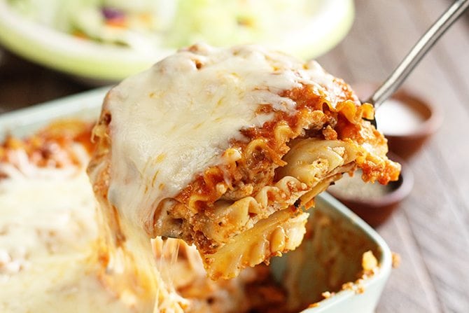 Easiest Lasagna being served from baking pan