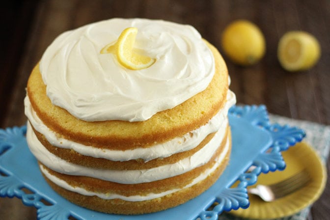 Lemon Cream Cake on blue platter