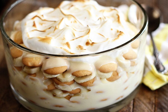 Banana Pudding layered in clear glass bowl