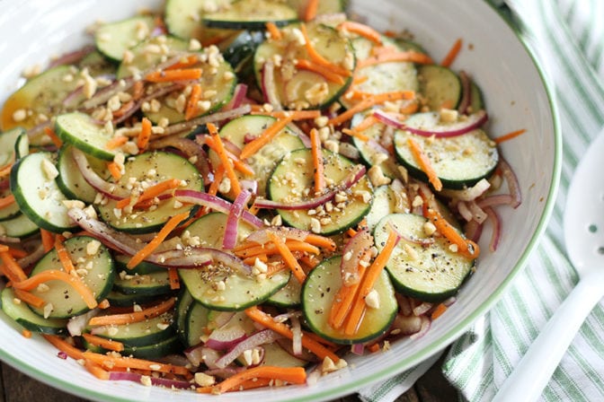 Garlic Soy cucumber Salad on stripped towel