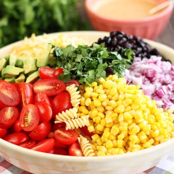 Taco Pasta Salad ingredients before mixed