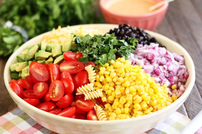Taco Pasta Salad ingredients before mixed