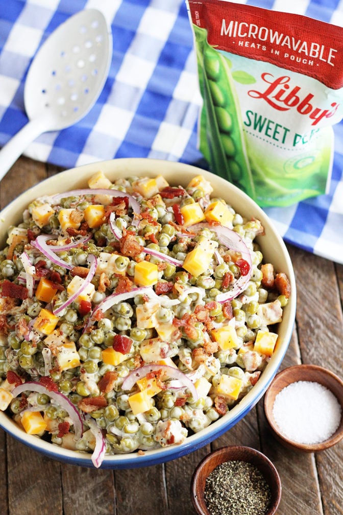 Bacon and Pea Summer Salad with ingredients in background