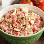 Tomato and Cracker Salad with fresh tomatoes in background