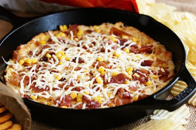 Cheesy Bacon Corn Dip in cast iron skillet