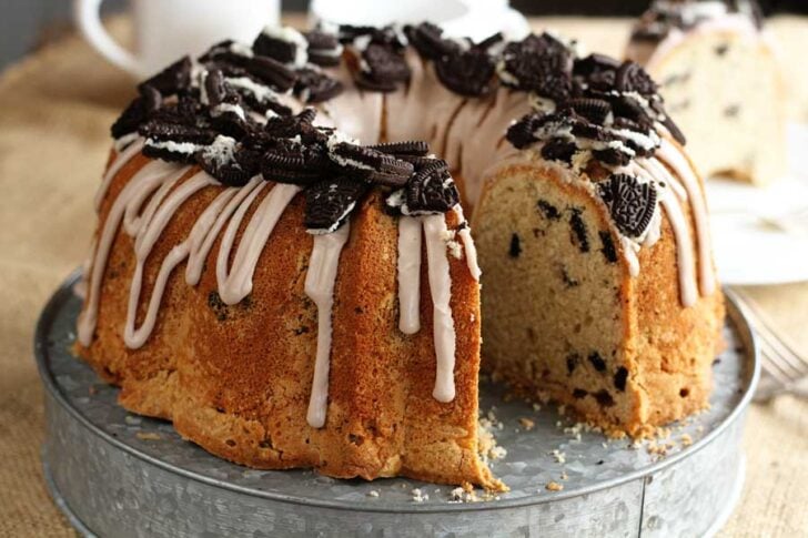 Oreo Pound Cake with slice missing