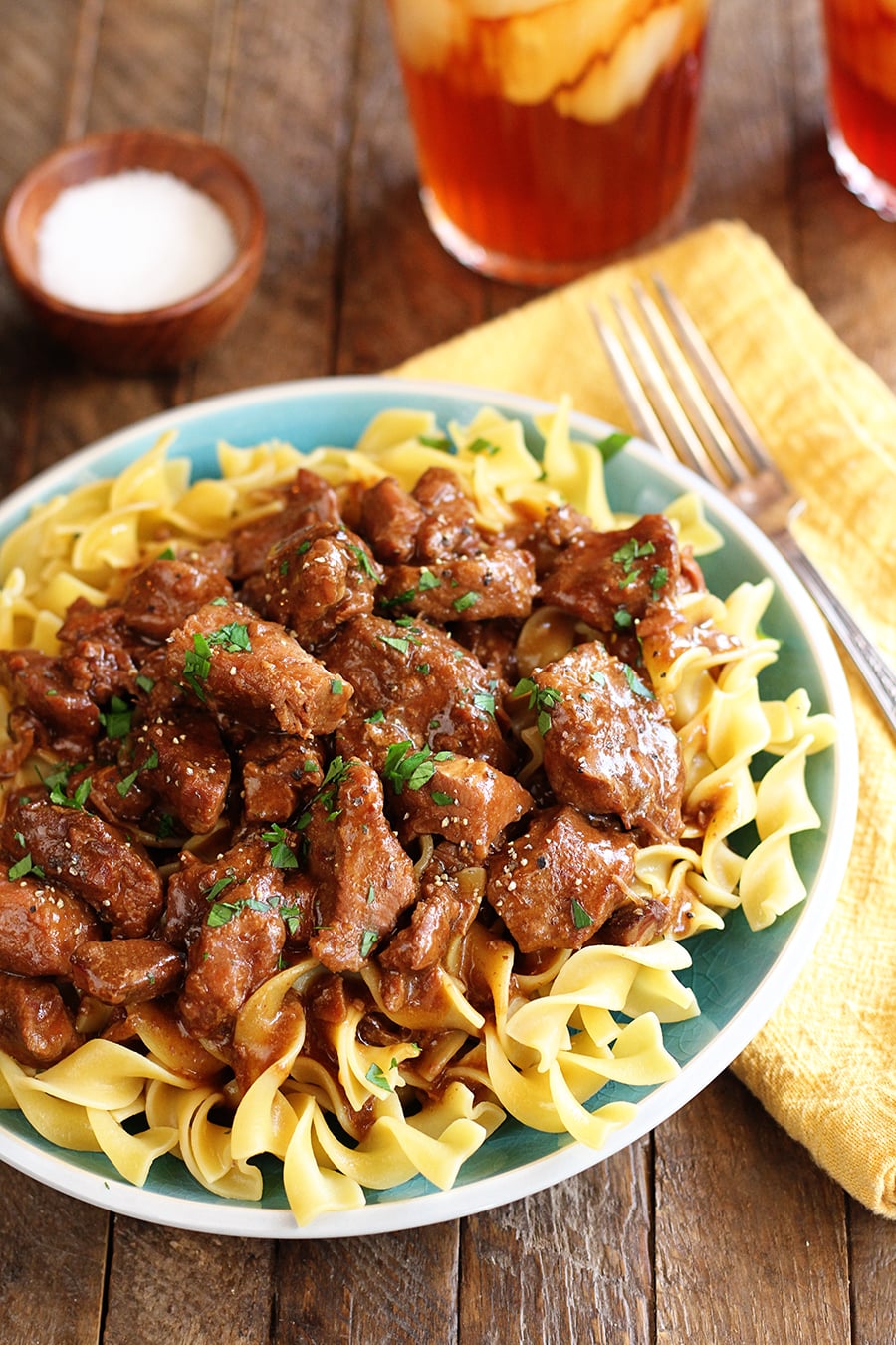 Slow Cooker Beef and Noodles on green plate