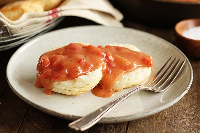 Biscuit covered with Southern Tomato Gravy