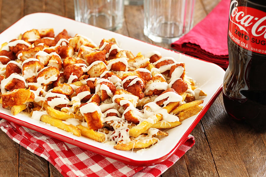 Buffalo Chicken Fries served in red and white dish