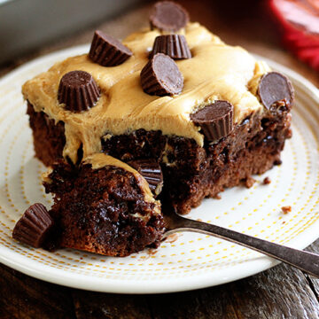 Bite of Chocolate Peanut Butter Poke Cake.