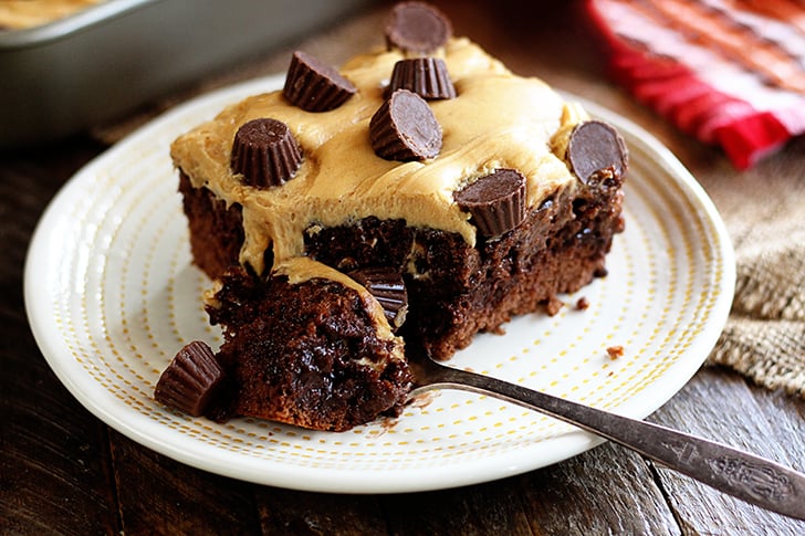 Bite of Chocolate Peanut Butter Poke Cake.