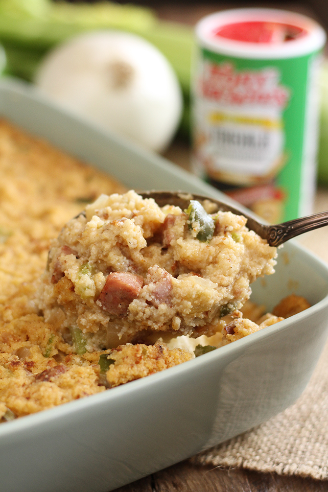 Creole Cornbread Dressing being served