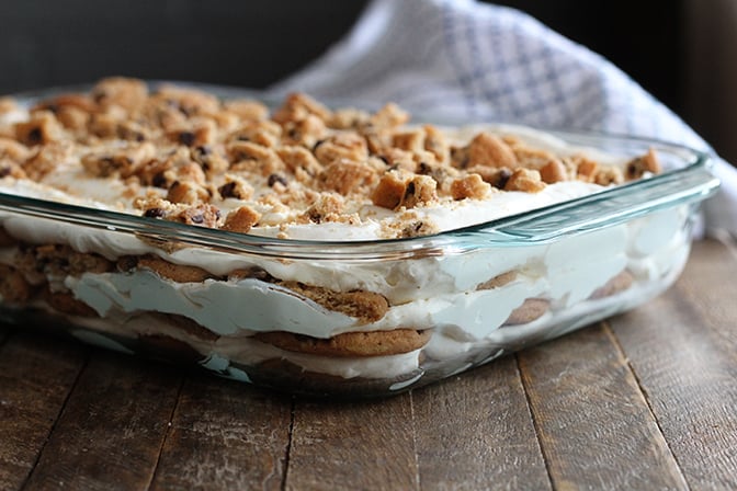 Side photo showing layers of Milk and Cookies Icebox Cake