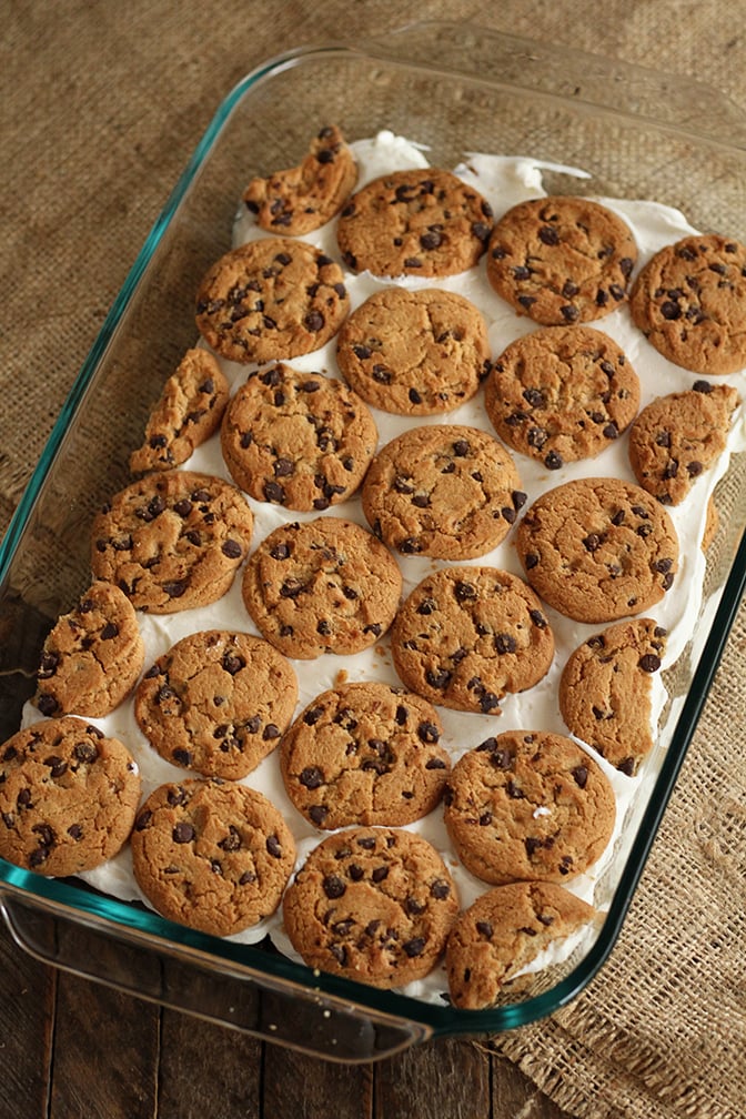 Photo form the top of Milk and Cookies Icebox cake with whole cookies on top