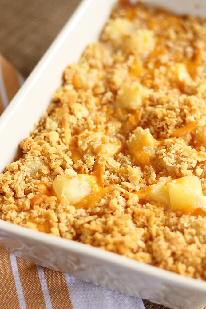 Close photo of Pineapple Cheese Casserole in white dish