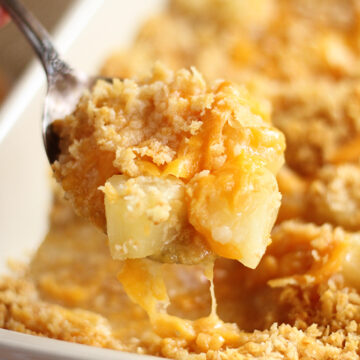 Close photo of Pineapple Cheese casserole being served