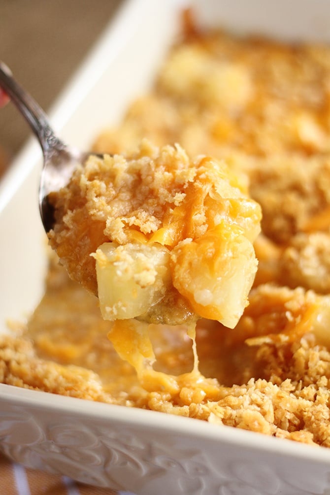 Close photo of Pineapple Cheese casserole being served