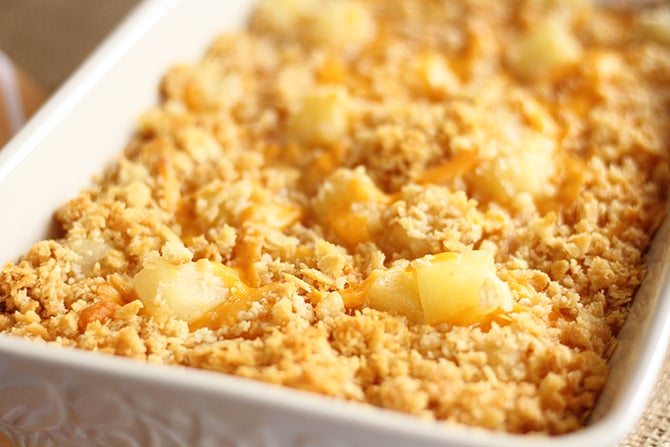 Pineapple Cheese Casserole in white dish
