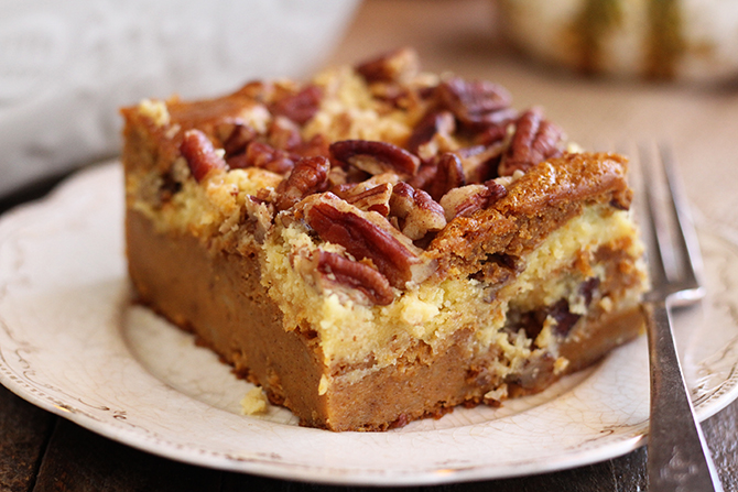 Pumpkin Spice Dump Cake on white serving dish