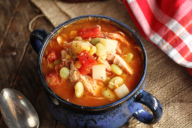 Shortcut BBQ Stew served in blue bowl