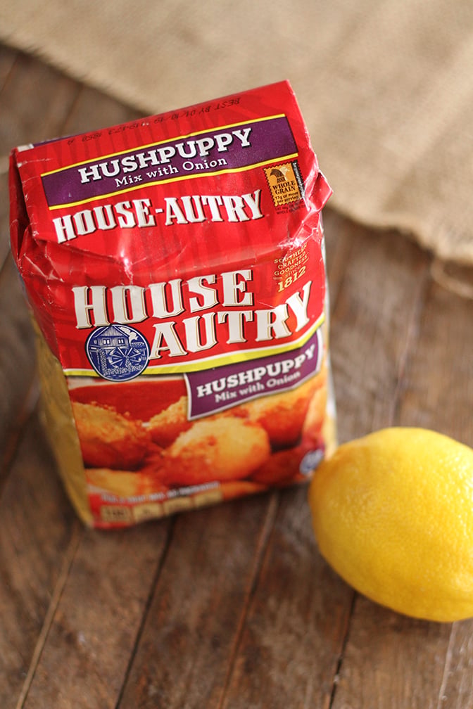 Hush Puppy mix and lemon as ingredients for Shrimp and Corn Fritters