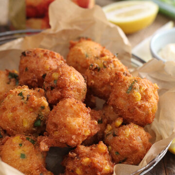 Shrimp and Corn Fritters in serving bowl