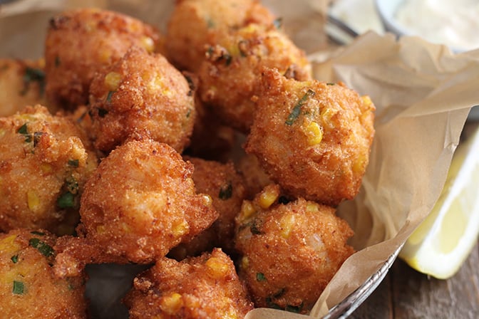 Shrimp and Corn Fritters on parchment paper