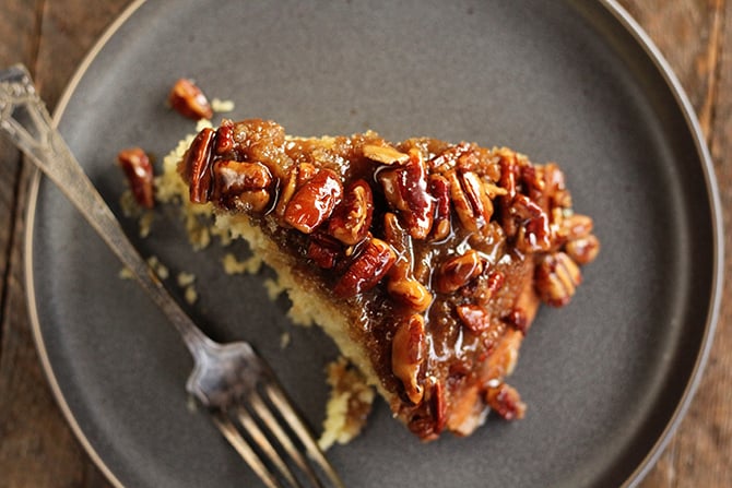 Photo from top of sliced Caramel Pecan Upside Down Cake