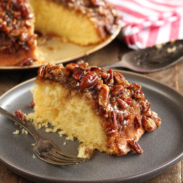 Caramel Pecan Upside Down Cake showing sliced piece
