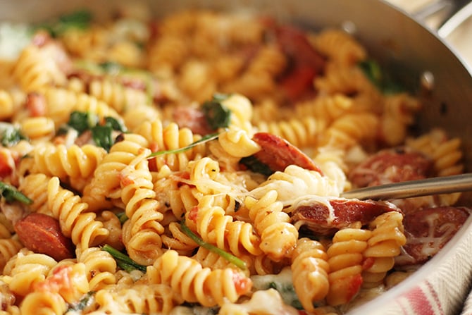 Simple One Pan Sausage Pasta being served
