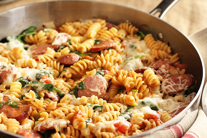 Simple One Pan Sausage Pasta in skillet