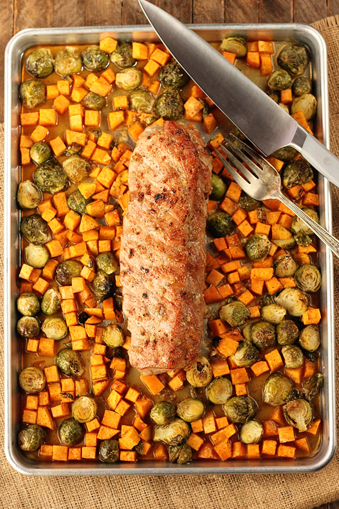 Top view of Sheet Pan Brown Sugar Garlic Pork Loin