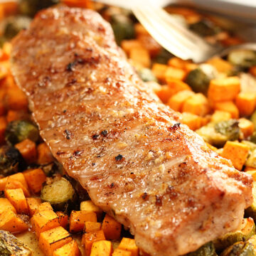 Sheet Pan Brown Sugar Garlic Pork Loin cooked with vegetables