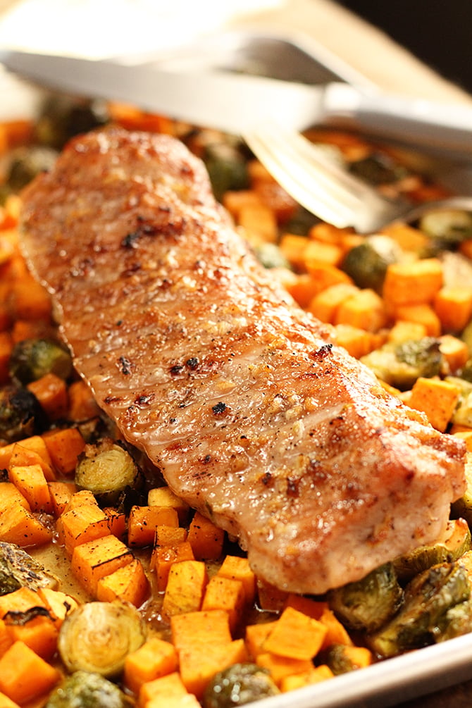 Sheet Pan Brown Sugar Garlic Pork Loin cooked with vegetables