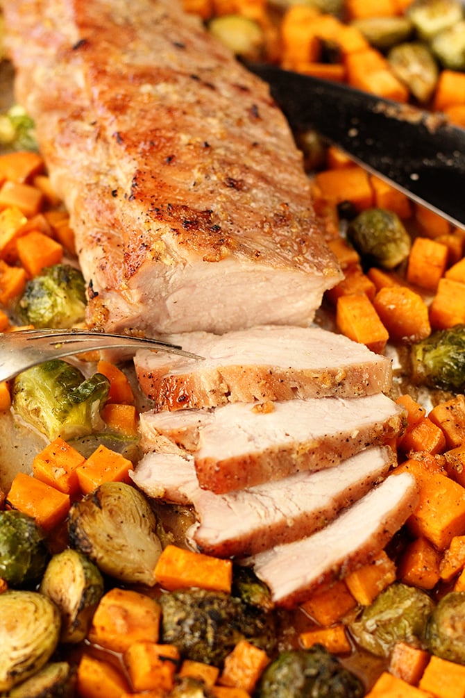 Sheet Pan Brown Sugar Garlic Pork Loin sliced with vegetables