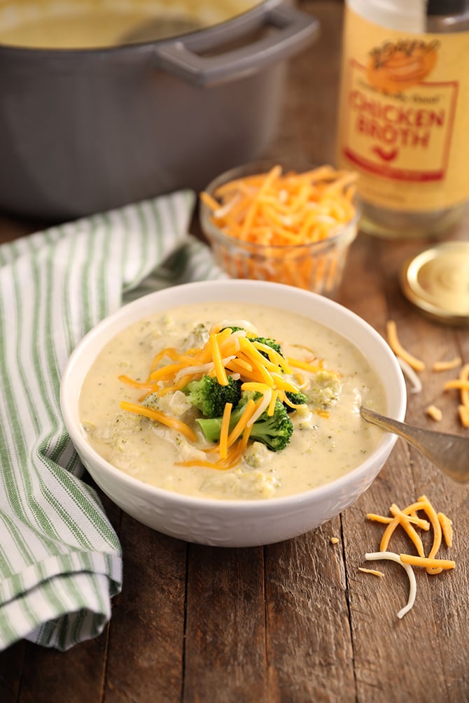 Broccoli and Cheese served in white bowl