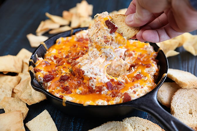 Cheesy Chicken Bacon Ranch Dip with chips on the side