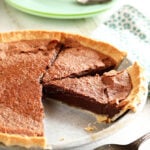 Chocolate Chess Pie sliced in pan.