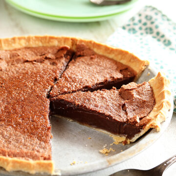 Chocolate Chess Pie sliced in pan.