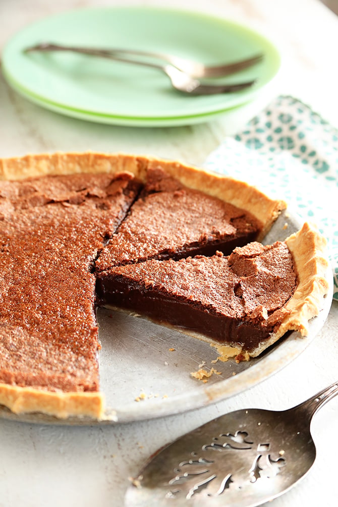 Chocolate Chess Pie sliced in pan.