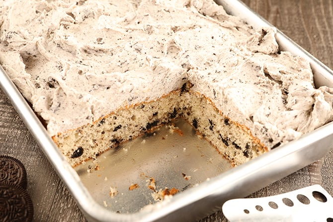 Cookies and Cream Sheet Cake with slices removed