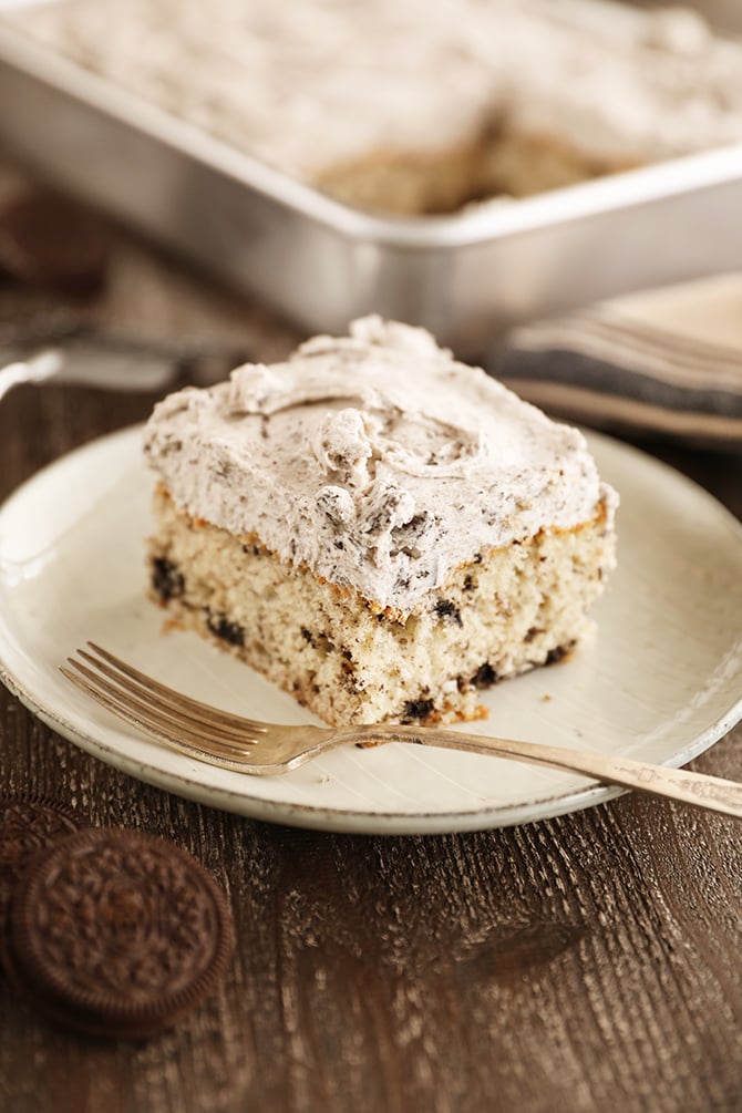 Slice of Cookies and Cream Sheet Cake