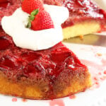 Strawberry Upside Down Cake with piece misssing