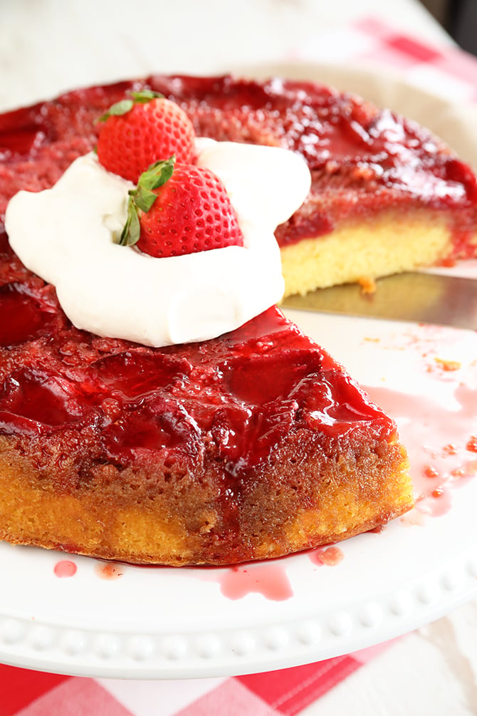Strawberry Upside Down Cake with piece misssing