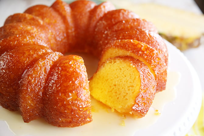 Pineapple Juice Cake with slices missing