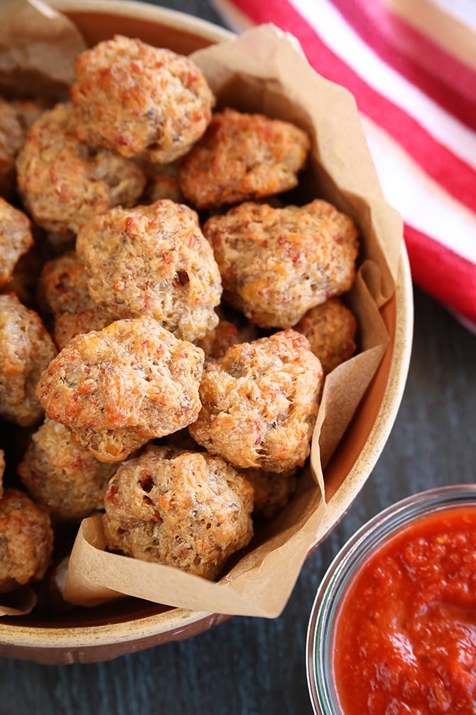 Pizza Sausage Balls in serving bowl