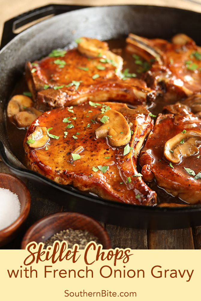 Skillet chops with French onion Gravy for Pinterest